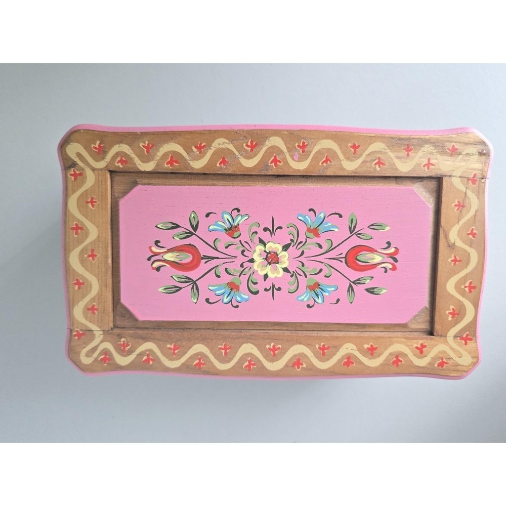 Vintage Hand Painted Wooden Music Jewelry Box Folk Art Floral - Made in Japan